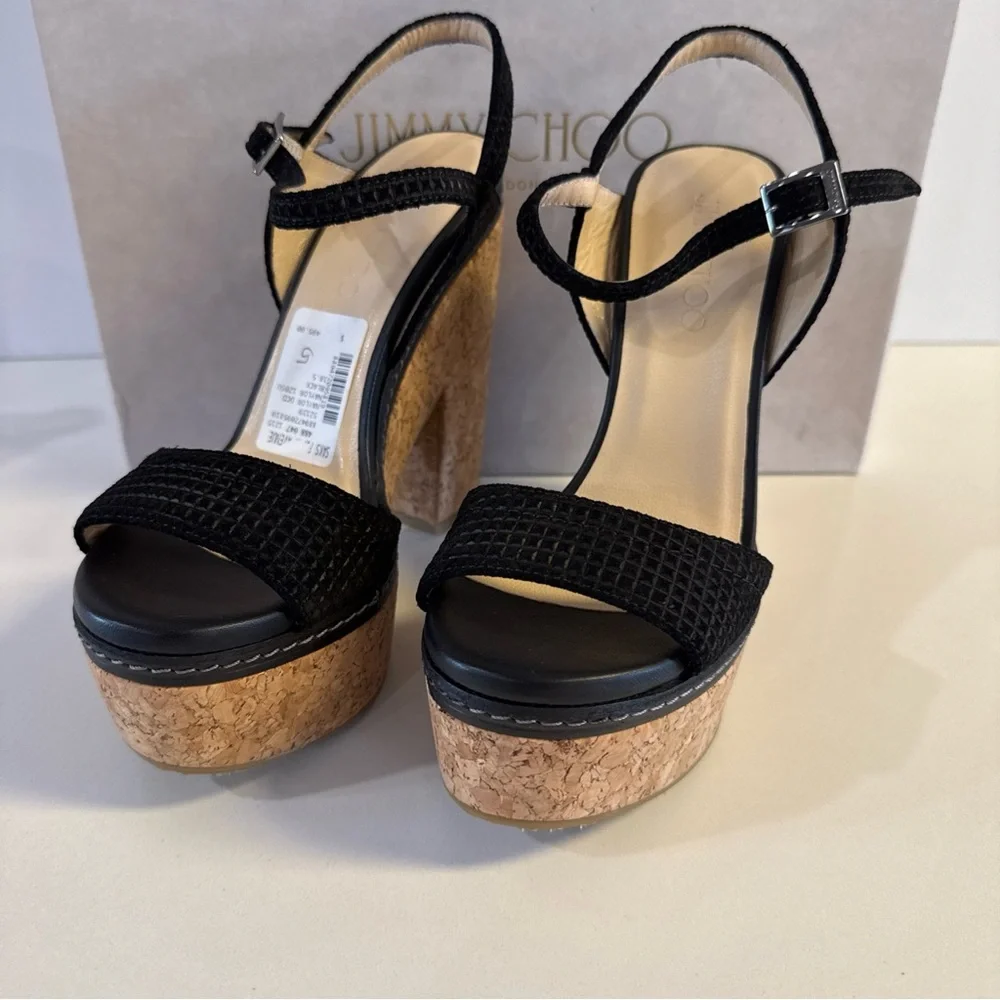 Jimmy Choo Naylor 135 Platform Sandals Black Suede Cork Block Size 38.5…